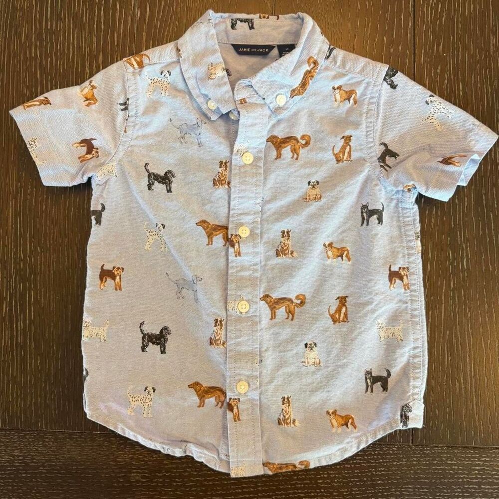 Janie & Jack Blue Dog Print Short Sleeve Button Up Shirt 100% Cotton 2T